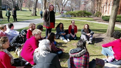Participants in the "Day Without a Woman: Walk-out to Teach-in" at Rutgers formed groups at Voorhees Hall to discuss issues ranging from reproductive rights to wage equality. The event was organized in honor of International Women's Day. – Photo by Photo by Nikhilesh De | The Daily Targum