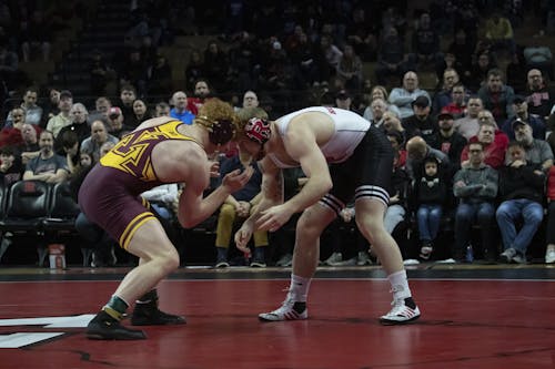 Senior 174-pounder Jackson Turley of the Rutgers wrestling team dominated in his bout win over Andrew Sparks.  – Photo by Anushka Dhariwal