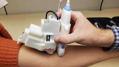 Venipuncture is the process of drawing blood or placing an IV catheter for intravenous therapy. The researchers created this robotic device to make the process easier. – Photo by Courtesy of Josh Leipheimer
