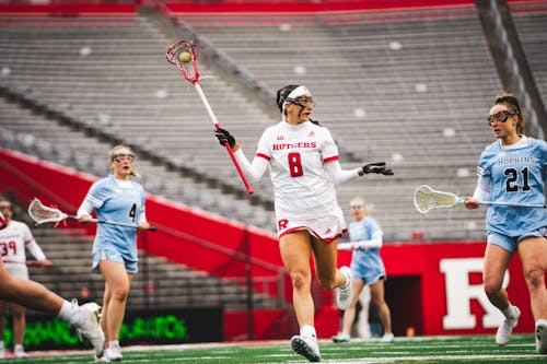 Graduate student midfielder Cassidy Spilis played her last game with the Rutgers women's lacrosse team in its loss to Penn State. Spilis finished with a program-high 280 points and is the most decorated Scarlet Knight in program history.  – Photo by Evan Leong