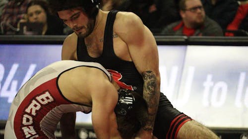 Junior 149-pounder Michael Cetta earned an upset win in the Rutgers wrestling team's victory against Rider. – Photo by Emily Lanzante / Scarletknights.com