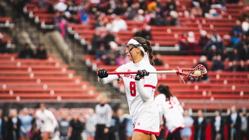 Graduate student midfielder Cassidy Spilis became the all-time leader in career points in the Rutgers women's lacrosse team's road win over Ohio State.  – Photo by Evan Leong