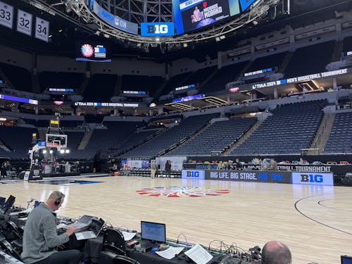 The Teachers Insurance and Annuity Association of America (TIAA), sponsor of the Big Ten Tournament, contradict their company statements about environmental justice through their investments.  – Photo by Josh Meyers