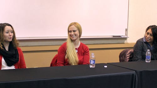 Panelists Krista Kohlmann, Colleen Georges and Ebelia Hernandez share their life experiences and attempts to attain perfection in the first “Awkward and Awesome Series” on Jan. 28 at the Douglass Student Center. – Photo by Colin Pieters