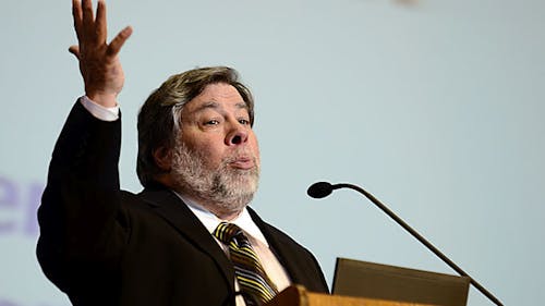 Apple co-founder Steve Wozniak tells an audience in the College
Avenue Gym about his computing expertise and his childhood interest
in engineering during his address Monday morning for
Entrepreneurship Day. – Photo by Alex Van Driesen