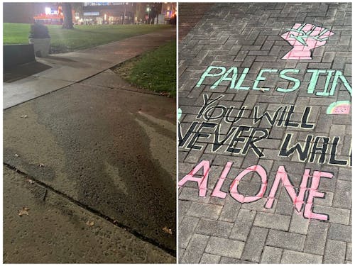 Rutgers' Students for Justice in Palestine (SJP) posted on Instagram showing pro-Palestinian chalk art unjustly erased at the direction of the Office of Student Life.  – Photo by @sjprutgersnb / Instagram