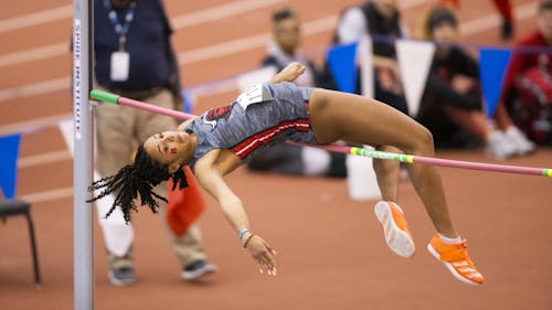 Junior high jumper Courteney Campbell matched the program's high jump record on Saturday at 1.79 meters, as the Rutgers track team hosted Penn State and Maryland.  – Photo by Scarletknights.com