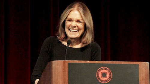 Gloria Steinem, feminist activist, writer and journalist lectures for “Media: More than Reality” at the Livingston Student Center. – Photo by Dennis Zuraw