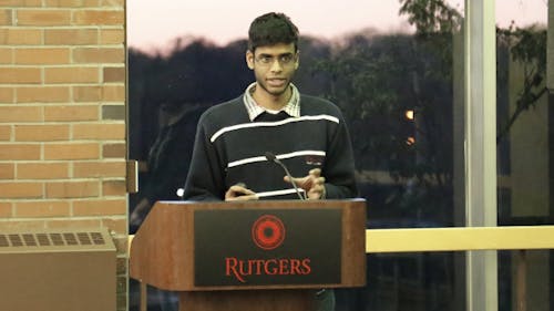 Shane Patel, a School of Engineering junior, presented a resolution for fossil fuel divestment yesterday at the Rutgers University Assembly Meeting. – Photo by Tianfang Yu