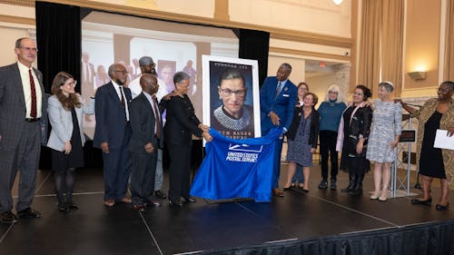 During the ceremony at Rutgers—Newark announcing the new U.S. Postal Service’s Ruth Bader Ginsburg stamp, the donation to Rutgers Law School was also announced.  – Photo by Nick Romanenko / Rutgers