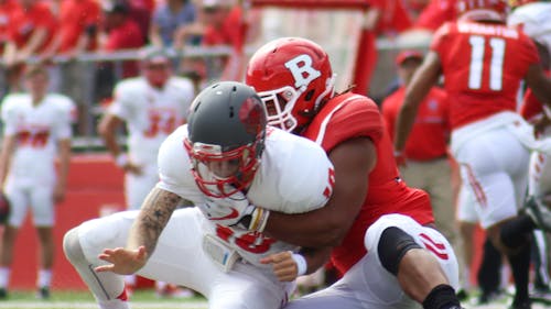 Junior defensive end Darnell Davis is one of the options head coach Chris Ash and his staff are evaluating to start in place of injured senior defensive end Quanzell Lambert. Davis started the week atop the depth chart at defensive end as the Knights prepare to travel to Columbus to take on No. 2 Ohio State Saturday. – Photo by Dimitri Rodriguez
