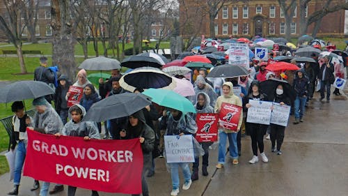Hundreds of students, staff and faculty gathered yesterday on the College Avenue campus in support of the Rutgers American Association of University Professors and American Federation of Teachers' (AAUP-AFT) continued efforts for fair contracts. – Photo by Courtesy of Rutgers AAUP-AFT