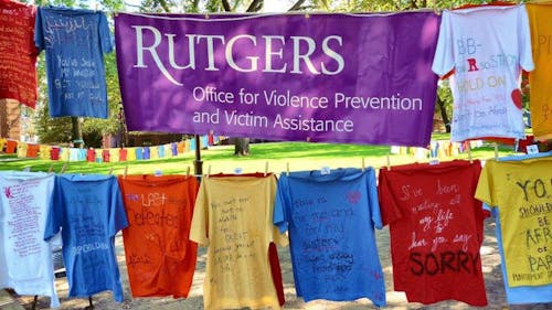 The Clothesline Project took place at Voorhees Mall last Thursday and included shirts decorated by students up to 20 years ago with messages by and for survivors of domestic violence. Nearly 1,000 students viewed the exhibit throughout the day. – Photo by Facebook