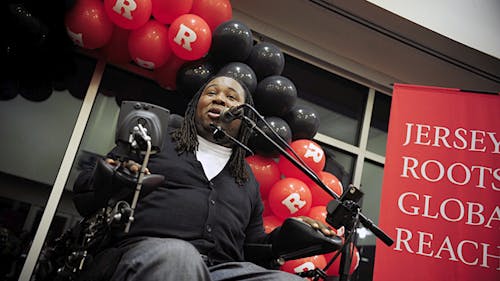 Eric LeGrand, a School of Arts and Sciences senior, speaks yesterday at the Visitor Center on Busch campus. – Photo by Nelson Morales