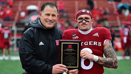 Head coach Greg Schiano has relied on senior wide receiver Christian Dremel in the wide reciever room this season for the Rutgers football team.  – Photo by Ben Solomon / ScarletKnights.com