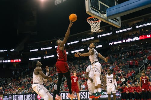 Senior forward Aundre Hyatt, freshman guard Gavin Griffiths and fifth-year guard Noah Fernandes combined for 36 points, but it was not enough as the Rutgers men’s basketball team fell to Mississippi State 70-60. – Photo by Hamza Azeem