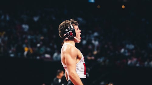 Junior 133-pounder Dylan Shawver of the Rutgers wrestling team defeated Brody Teske by a 12-6 decision and will compete for a Big Ten title on Sunday at the Big Ten Wrestling Championships.  – Photo by Evan Leong