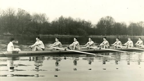 Rutgers Crew Team rows in 1938 on the Raritan River. – Photo by Courtesy of Steve Wagner