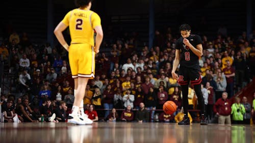 Sophomore guard Derek Simpson and the Rutgers men's basketball team struggled in the second half against Minnesota en route to an 11-point loss. – Photo by Rutgers Athletics / scarletknights.com