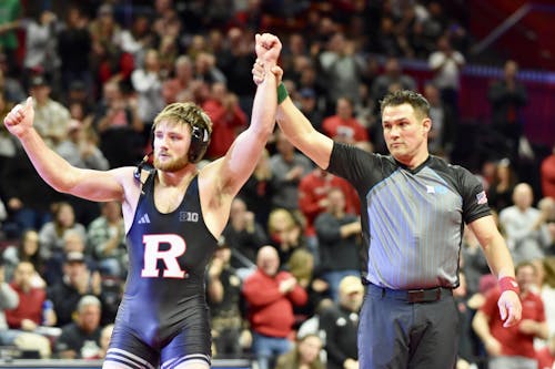 Sophomore 184-pounder Brian Soldano landed his third pin at Jersey Mike's Arena on Livingston campus in the Rutgers wrestling team's win over Bloomsburg on Wednesday night.  – Photo by Ashley Caldwell