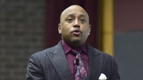 Daymond John, a judge on ABC’s “Shark Tank,” told the story of his journey to stardom yesterday at a Rutgers University Programming Association event at the College Avenue Student Center as part of Leadership Week. – Photo by Tian Li