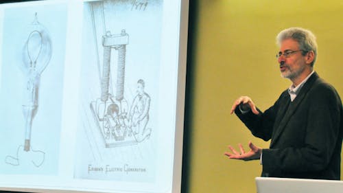 Paul Israel, director of the Thomas Edison Papers project, talked about the history of Edison’s electrical advancements at the Cove in the Busch Campus Center. – Photo by Photo by Tian Li | The Daily Targum