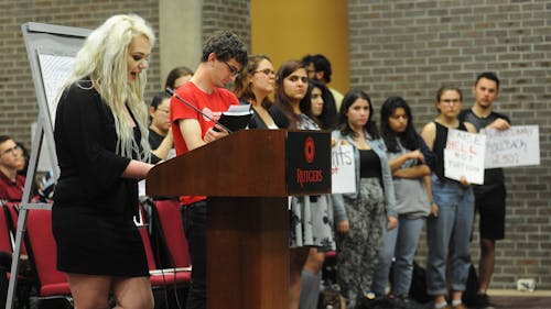Students discussed the impact a tuition rollback would have on their lives at an open hearing on the Rutgers budget hosted by the Board of Governors Thursday night. – Photo by Dimitri Rodriguez