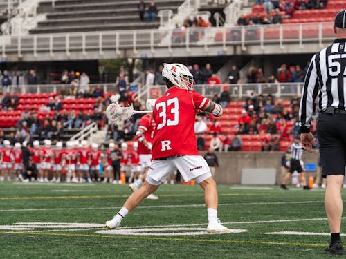Senior midfielder Jack Aimone continued his strong start to the 2024 season, scoring 4 goals in the Rutgers men's lacrosse team's 16-12 win over Stony Brook on Saturday.  – Photo by Michael Sears
