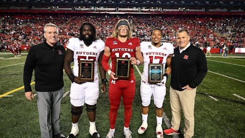 Junior offensive lineman Ireland Brown, senior tight end Matt Alaimo and senior linebacker Deion Jennings were honored as part of the annual Rutgers football spring game. – Photo by Rutgers Football / Twitter