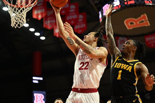 Fifth-year guard Caleb McConnell and the Rutgers men's basketball team struggled to contain Iowa and fell to the Hawkeyes 76-65. – Photo by @RutgersMBB / Twitter
