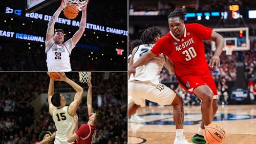 Donovan Clingan, Zach Edey and DJ Burns Jr. have dominated with their respective teams en route to the Final Four. – Photo by UConn Athletics / uconnhuskies.com , @boilerball / X , NC State Athletics / gopack.com