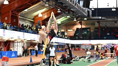 Junior pole vaulter Chloe Timberg of the Rutgers track and field team helped the Scarlet Knights in the Rutgers Holiday Classic on Dec. 1, 2023. – Photo by Mike Lawrence / scarletknights.com