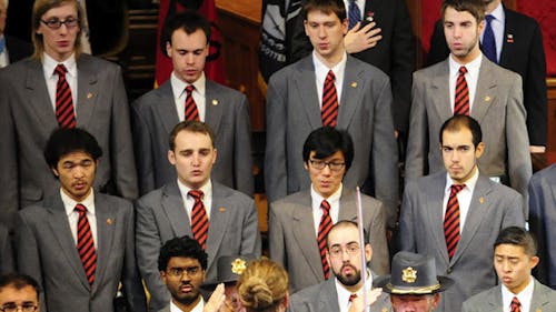The University’s Glee Club performs yesterday morning in
Kirkpatrick Chapel to celebrate Charter Day and Veteran’s Day. – Photo by Photo by Alex Van Driesen | The Daily Targum