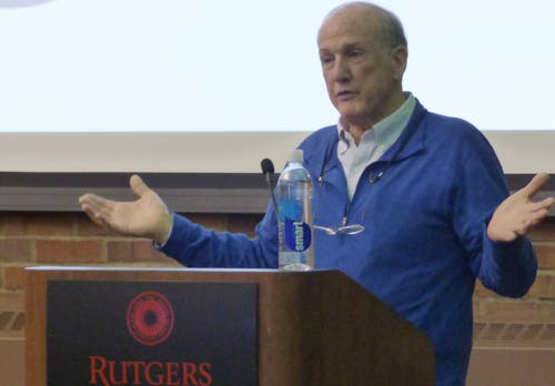 University President Robert L. Barchi addressed the Rutgers community on Thursday night at the weekly RUSA meeting, answering questions and discussing the state of the school. He also told every student to vote on Tuesday, regardless of who they vote for. – Photo by Georgette Stillman