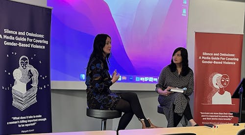 Cathy Otten, the senior program lead for the Journalism Initiative on Gender-Based Violence (JiG), and Nikhila Natarajan, a PhD student in the School of Arts and Sciences both spoke about gender-based violence reporting. – Photo by @MaryChayko / Twitter