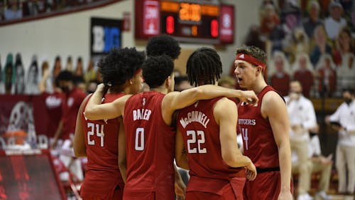 Junior guard Ron Harper Jr., senior guard Geo Baker, junior guard Caleb McConnell and sophomore guard Paul Mulcahy helped Rutgers end its five-game losing streak yesterday. – Photo by Rutgers Men's Basketball / Twitter
