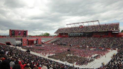 Roughly 12,000 undergraduates and more than 40,000 guests watched President Barack Obama present the Rutgers 2016 commencement address. – Photo by Brayden Donnelly