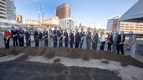 State and local leaders took part in a ceremonial groundbreaking yesterday for the New Jersey Innovation and Technology Hub, which will be established across from the New Brunswick Train Station. – Photo by Nick Romanenko / Rutgers University
