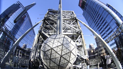 The New Year's Eve Ball sits atop One Times Square covered in 2,688 Waterford Crystal triangles featuring this year's "Gift of Serenity" design. At 6 p.m. on Dec. 31, the 11,875-pound ball will be raised to the top of the 130-foot flagpole and at 11:59 p.m. begins its 60 second descent.  – Photo by Dimitri Rodriguez
