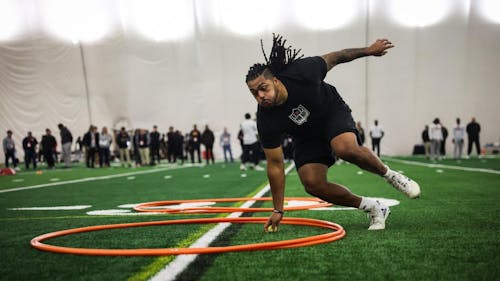 Senior defensive lineman Mayan Ahanotu was 1 of 14 Rutgers football players participating in this year's Pro Day. – Photo by Ariel Fox / scarletknights.com