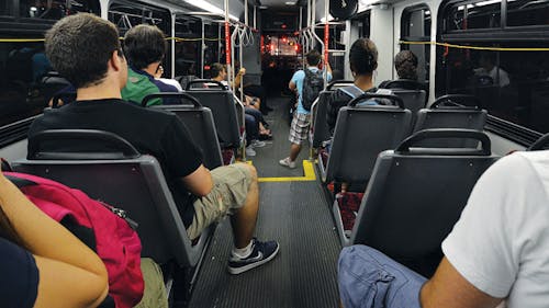 Since the University made the switch to First Transit buses in
July, the University’s Department of Transportation Services have
been working out certain problems like bunching, where multiple
buses with the same routes arrive in one place at the same
time. – Photo by Jennifer Hellman