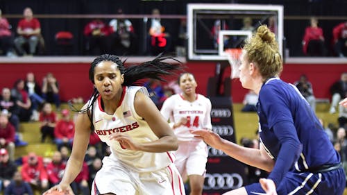 Sophomore guard Tyler Scaife slides past a defender on Sunday against Penn State at the RAC. Scaife complemeted Copper’s game-high 25 points with 21 of her own in the win.  – Photo by Tian Li