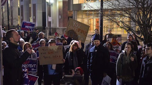 Protesters gathered in front of city hall in Downtown New Brunswick yesterday to voice their disapproval of Matthew Whitaker, President Donald J. Trump’s chosen successor to former Attorney General Jeff Sessions. – Photo by Thomas Boniello