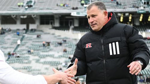 Rutgers football head coach Greg Schiano spoke to the media with some of his players ahead of Saturday's matchup with Penn State. – Photo by Tim Fuller / Scarletknights.com