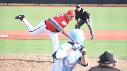 Sophomore right-hander Kevin Baxter delivers to the plate in the April 15 win over Columbia. Baxter fanned five Lions over six and one third, allowing three earned runs on four hits in the Knights' 7-4 win. – Photo by Photo by Michelle Klejmont | The Daily Targum