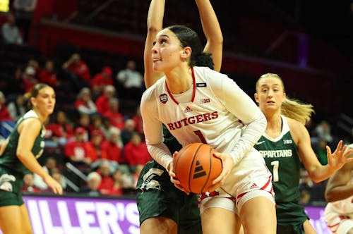 Junior guard and forward Destiny Adams had a double-double with 28 points and 10 rebounds in the Rutgers women's basketball team's loss to Michigan State on Tuesday. – Photo by Rich Graessle / Scarletknights.com