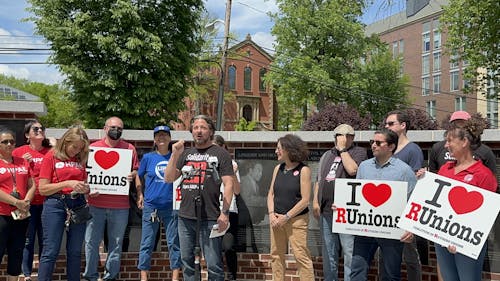 Several Rutgers faculty union representatives spoke to the public about the unions' recent labor contract ratification at the Paul Robeson Plaza on the College Avenue campus. – Photo by Yash Goyal
