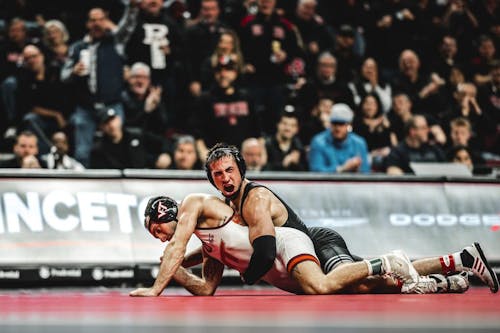 Junior 125-pounder Dean Peterson won 1 of the Rutgers wrestling team’s 4 bouts in its loss to Virginia Tech. – Photo by Sarah Snyder / ScarletKnights