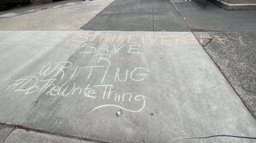 Voorhees Mall on the College Avenue campus was decorated with sidewalk chalk reading "Strikeiversary: Save R Writing #DoTheWriteThing" for a union event commemorating the April 2023 faculty strike. – Photo by Alex Kenney