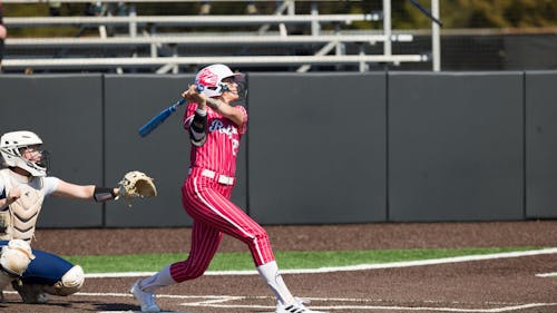 Junior infielder Kyleigh Sand leads the Rutgers softball team in batting average and will look to continue her hot stretch at the plate when the team plays against Iowa this weekend. – Photo by Steve Hockstein / ScarletKnights.com